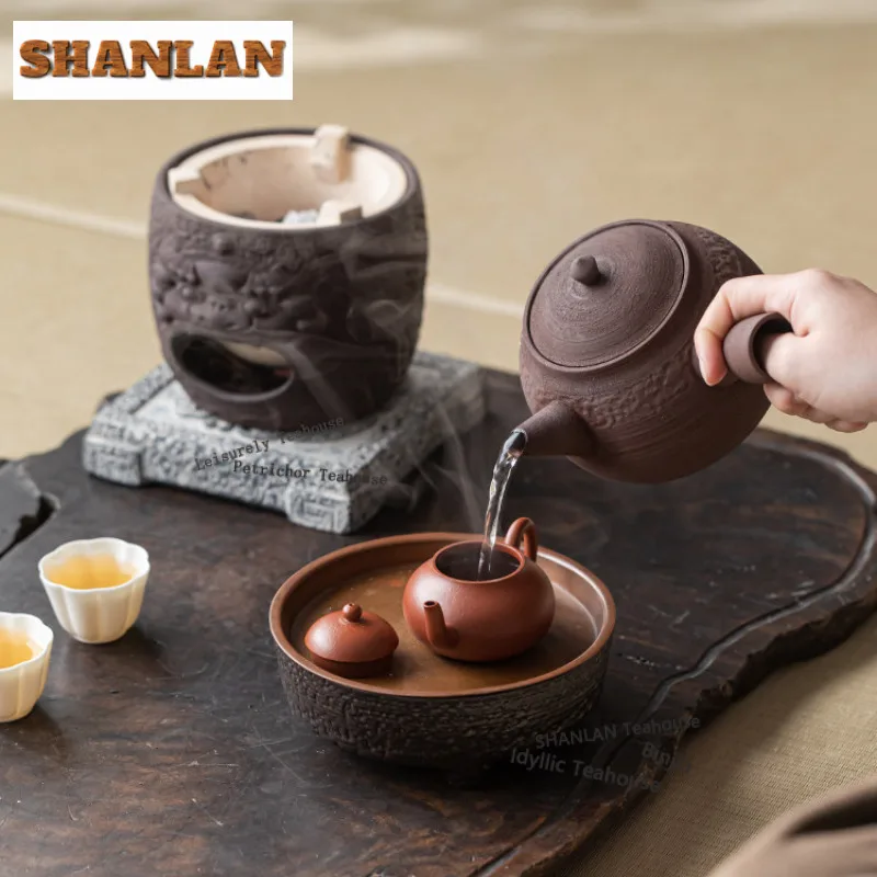 Coarse Pottery Lion Side Handle Tea Warmer Holder Candle Heater Stove Kettle Stand Boiling Water Carbon Furnace Teaware Craft