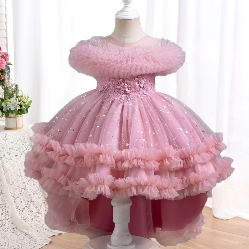 Summer Tulle Princess girl dress Birthday Party trailing Sleeveless Kids Wedding Evening pearl mesh Dresses 4-12Y