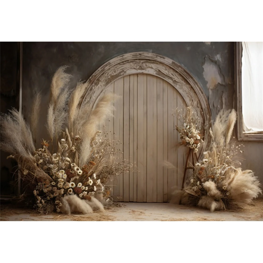 Boho Style Wooden Door Wedding Photography Backdrop White Wall Flower Pampas Grass Baby Birthday Adult Portrait Photo Background