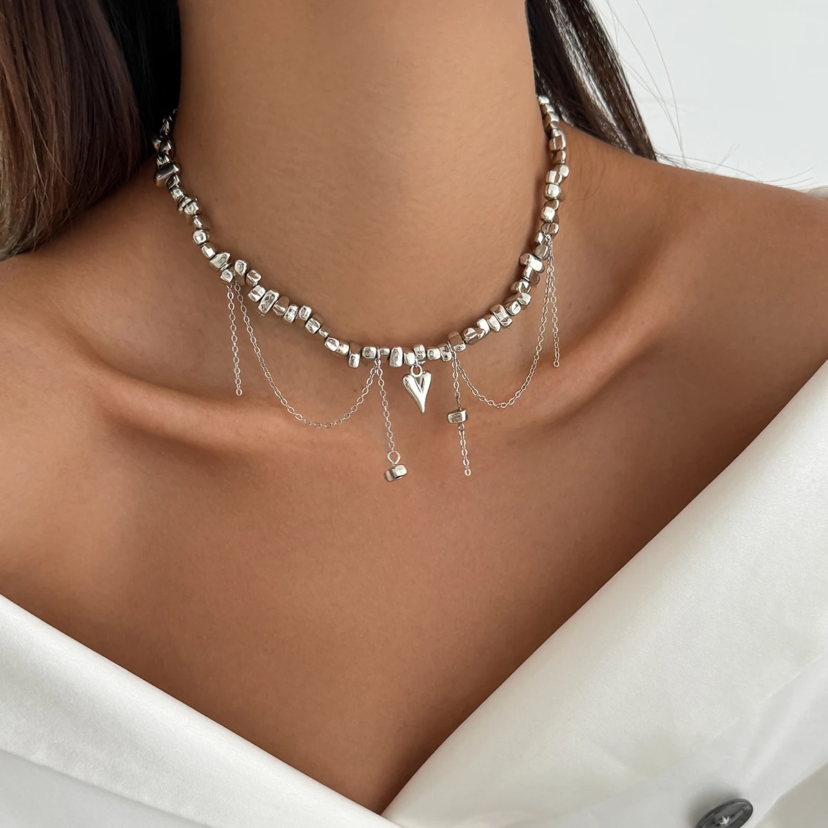 SHIXIN Trendy Irregular CCB Beads Short Choker Necklace for Women Punk Love Heart Pendant Necklace Daily Jewelry Neck Accessory
