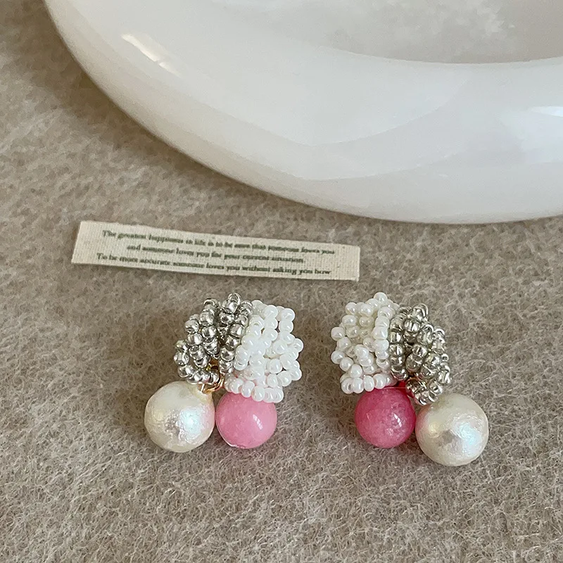 Minar Unusual Pink White Mix Color Imitation Pearl Miyuki Treand Strand Flower Drop Earrings for Women Female Every Day Jewelry