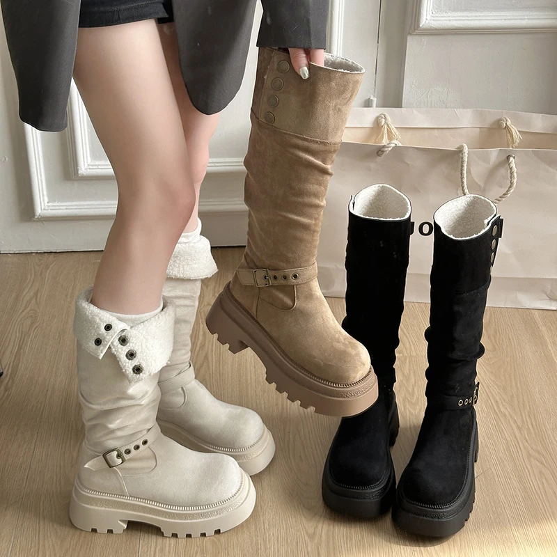 bottes-hautes-de-chevalier-en-coton-chaud-pour-femmes-chaussures-a-semelle-epaisse-avec-boucle-de-ceinture-confortables-longues-en-peluche-automne-hiver