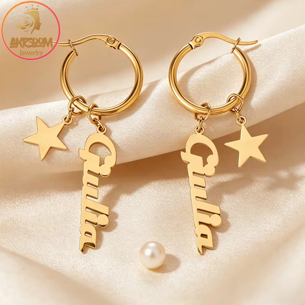 Akizoom Custom Name 20mm Hoop Earrings Stainless Steel Name Star Pendant Round Earrings for Women Kids Jewelry Christmas Gift