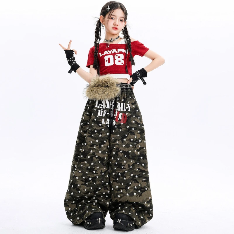 Girls Cool Hip Hop Clothes Set Short Sleeve Navel Tops Baggy Pants Fashion Jazz Practice Performance Clothing Group Street Wear
