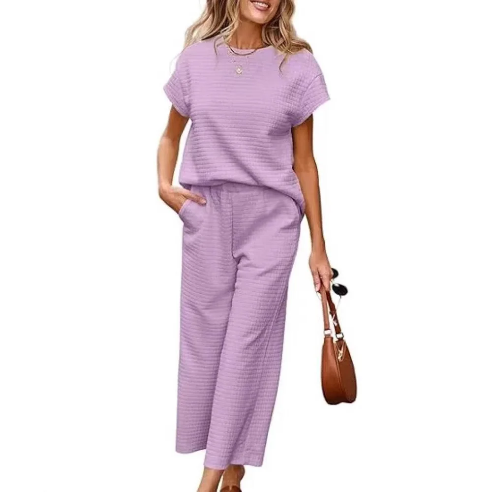 

Новый летний женский комплект Faion с однотонной текстурой, повседневный универсальный костюм из двух предметов ort Sve, длинные брюки, костюм Sli Ensemble