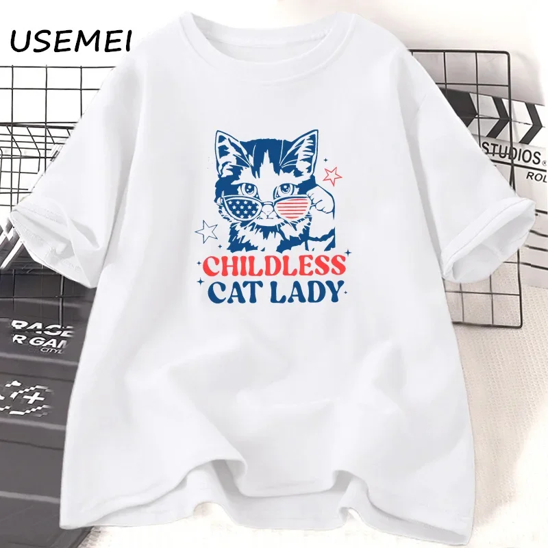 Childless Cat Lady T Shirt Kamala Harris 2024 Tee Shirt Vote Blue Tshirt Madam Cat Kamala Vote Blue T-shirt Women\'s Clothing