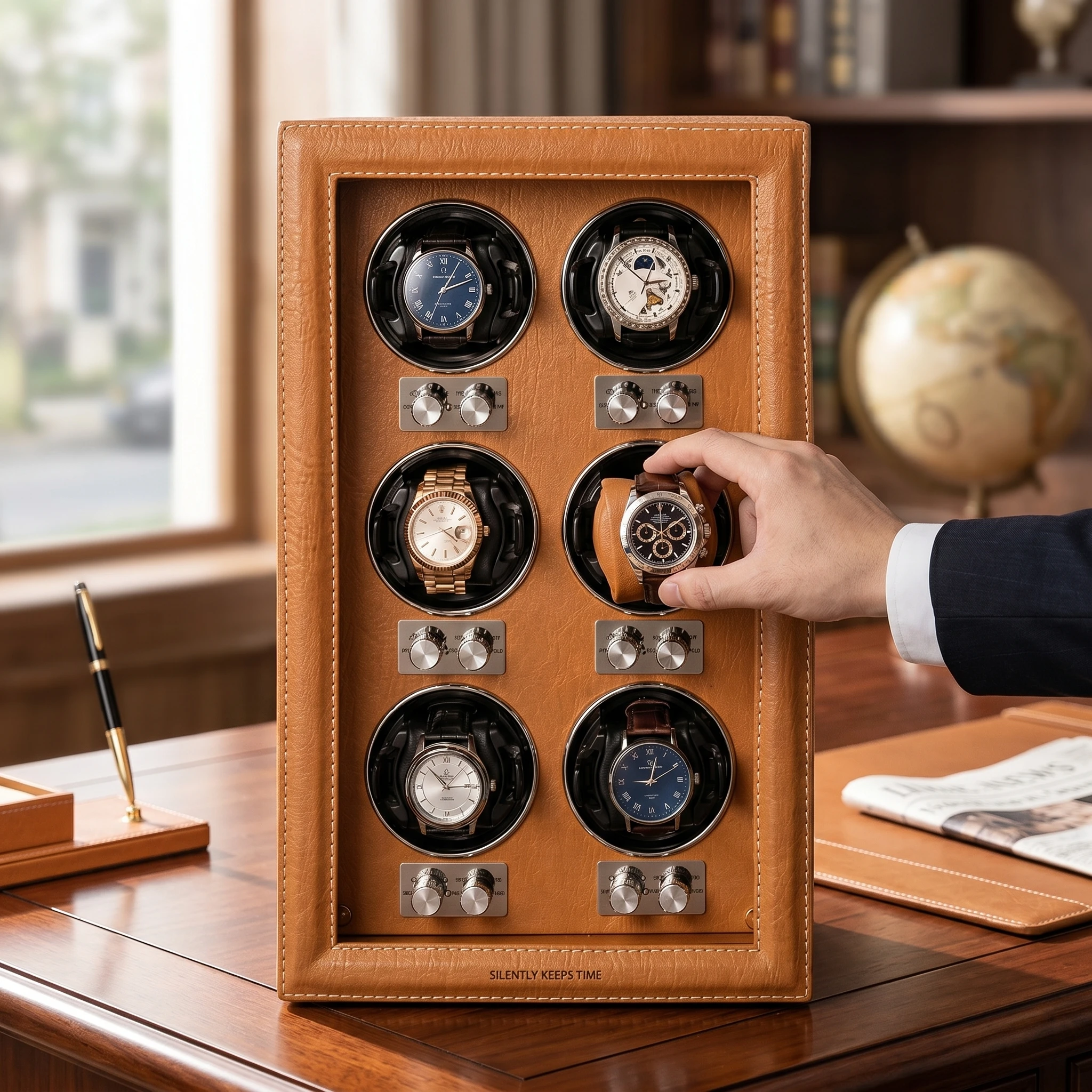 6 Slots PU Leather Watch Winder Automatic Ultra Quiet Motor Anti-Magnetic LED Light Independent Control for Mechanical Watches