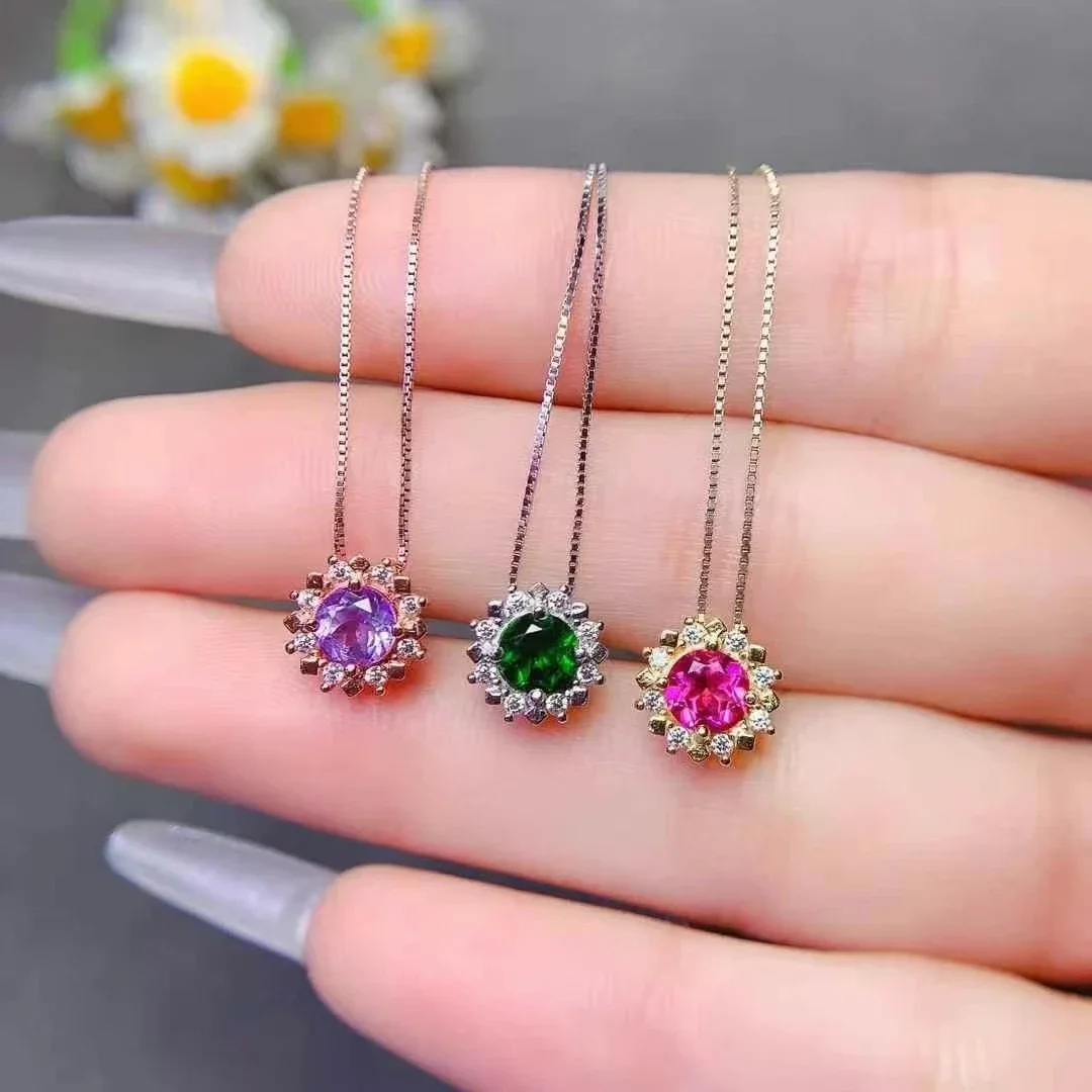 

Classic Small 925 Silver Gemstone Pendant for Daily Wear 5mm Natural Diopside Amethyst Topaz Pendant with 18K Gold Plating