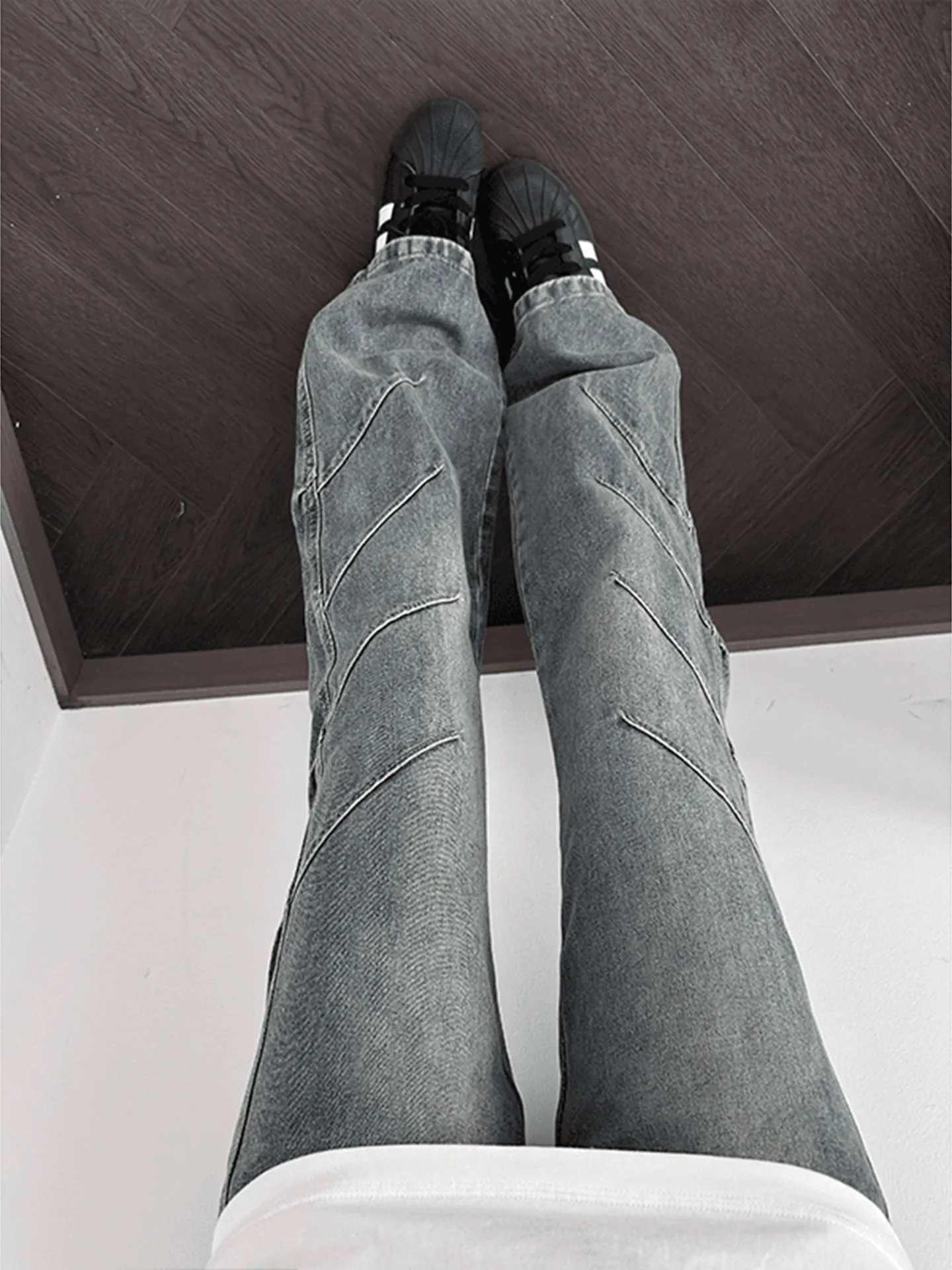 Retro Blue Pleated Knife  Men's Jeans Straight Leg Bell Bottoms High Street American Style Autumn Slimming Trousers