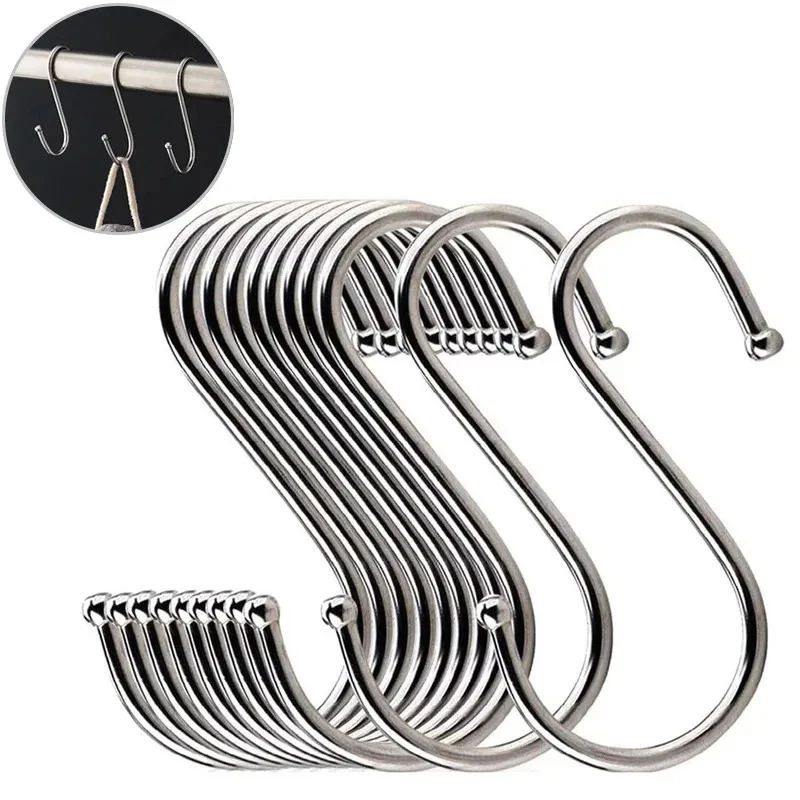 10-60pcs Stainless Steel S Hooks with Sharp Tip Utensil Meat Clothes Hanger Hanging Hooks for Butcher Shop Kitchen Baking Tools