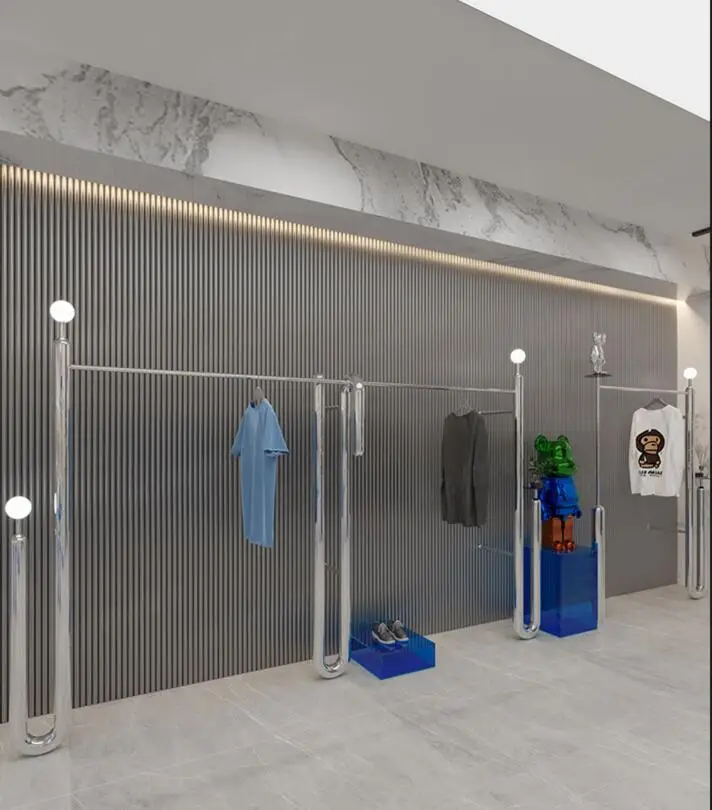 

Clothing store display rack floor-to-ceiling menswear store mirror stainless steel display rack silver creative with light on wa