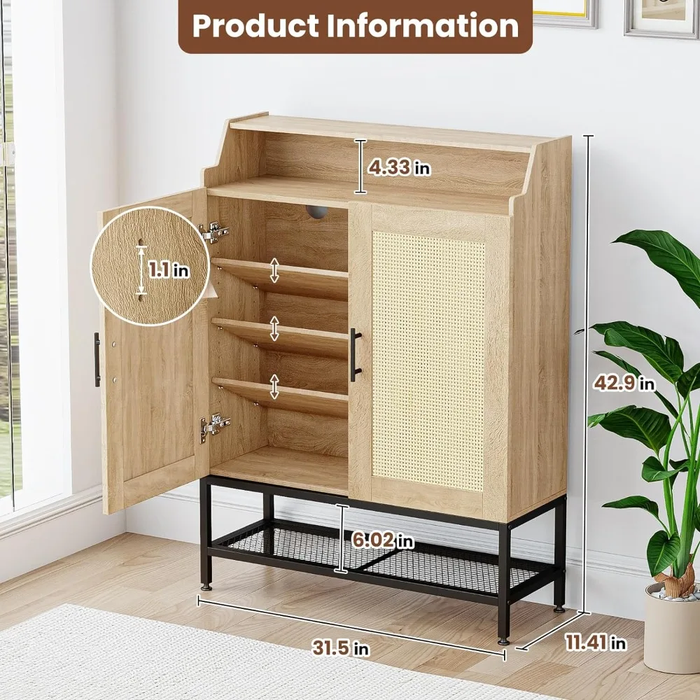 7-tier Shoe Cabinet with Rattan Door with Adjustable Shelves and Cushion Hinges with Anti-tipping Fittings for Entrance