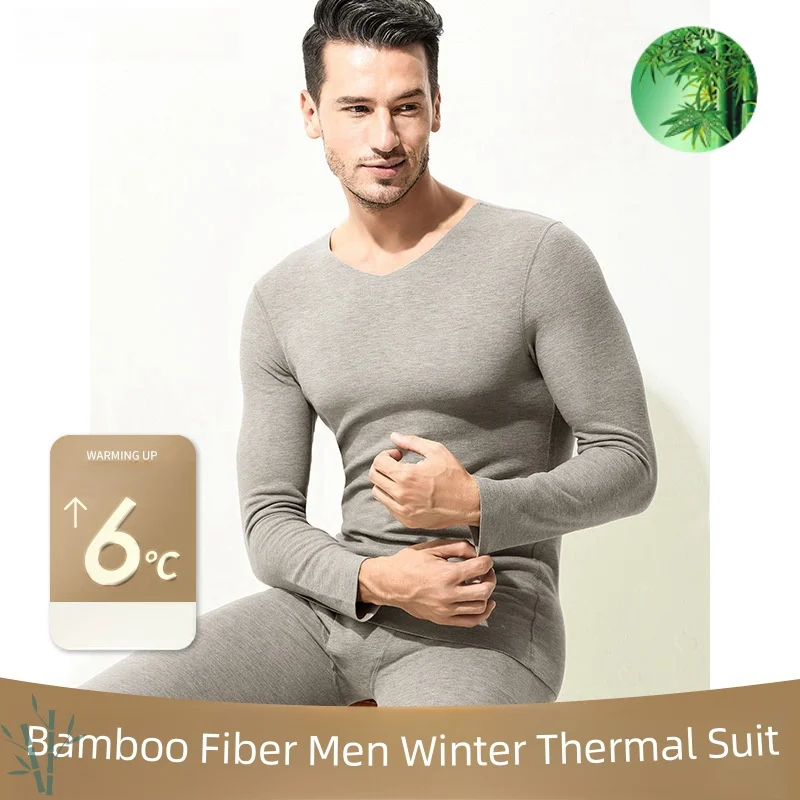 Bamboo Fiber Men Winter Thermal Suit Long Sleeve Sets Men's V-neck Wool Silk Bodies Heat Keep Warm Clothing Men's Underwear Suit