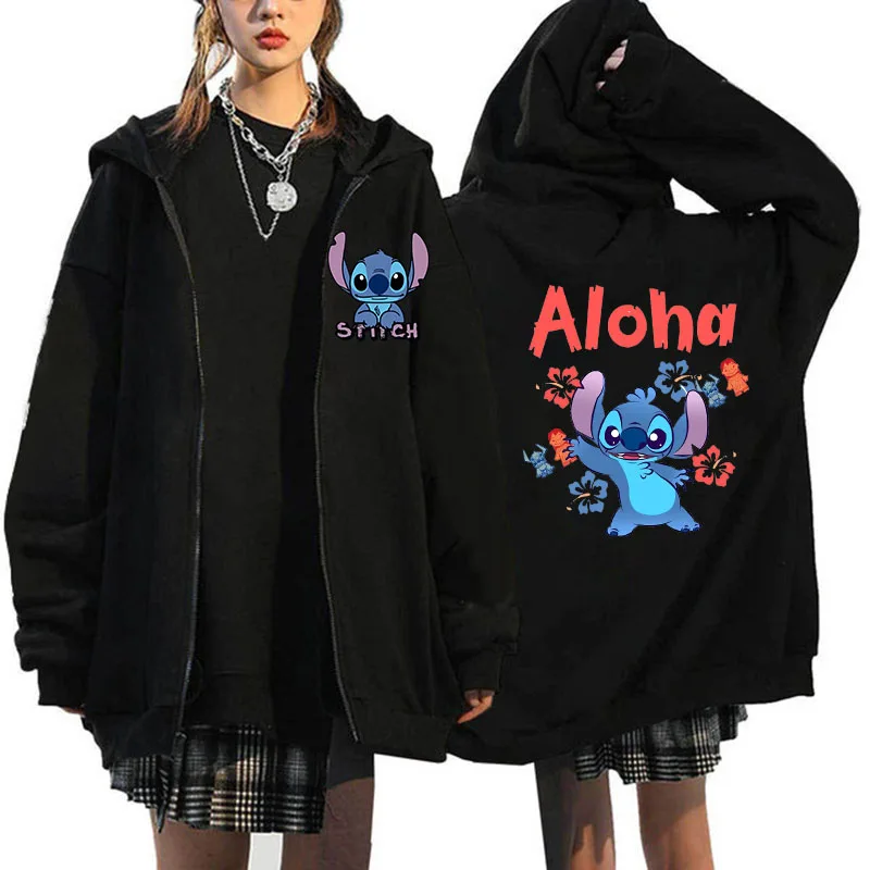 Women's Zip Hoodies Disney Role Play Lilo & Stitch Graphic Print Sweatshirt Winter Outerwear Girls Student College Clothing Tops