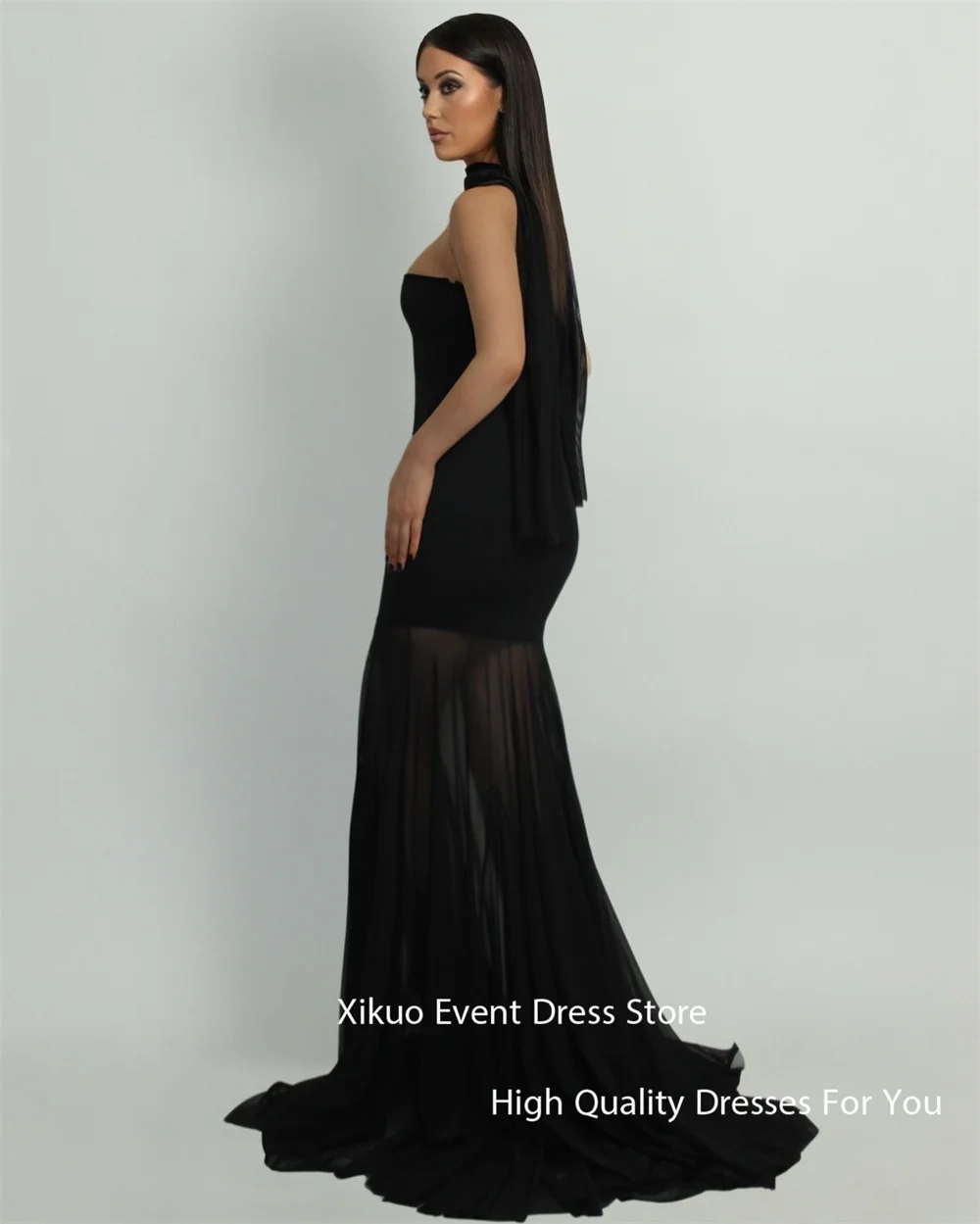 Xikuo فستان سهرة بسيط من الساتان الأسود حورية البحر الوهم بدون حمالات فساتين حفلات حديثة طول الأرض رداء De Soirée فام مخصص