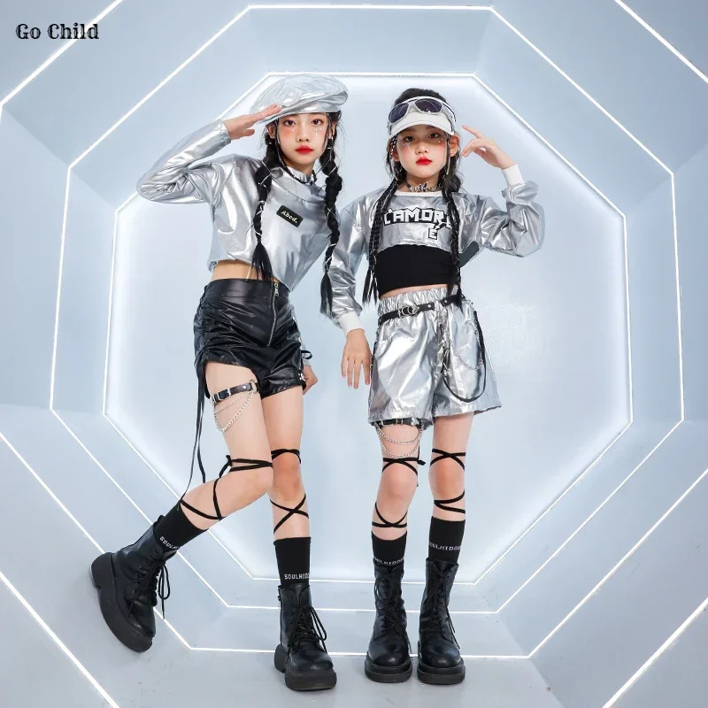 Girls K-pop Silver Crop Top Hoodies Shiny Street Dance Shorts Kids Hip Hop Streetwear Children Jazz Girl Group Cool Clothes Sets