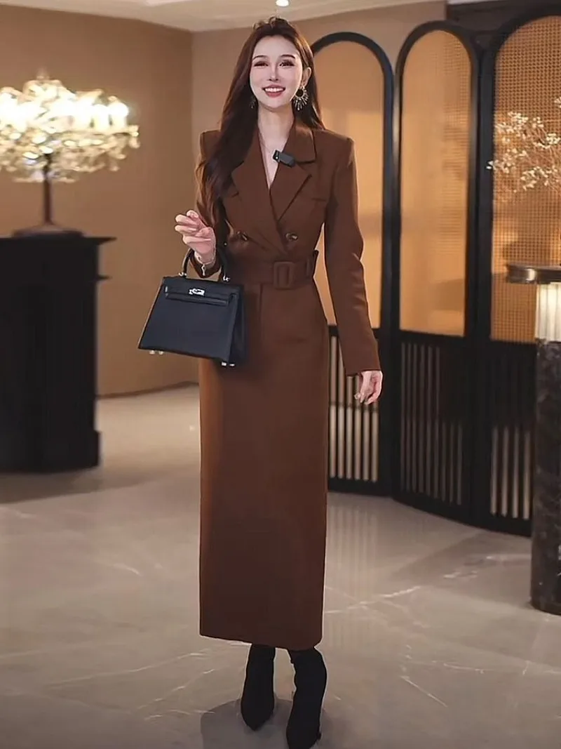 

Новый элегантный костюм, платье для женщин, элитный модный дизайн, осенние однотонные офисные женские платья с тонкой талией и длинными рукавами, Vestidos