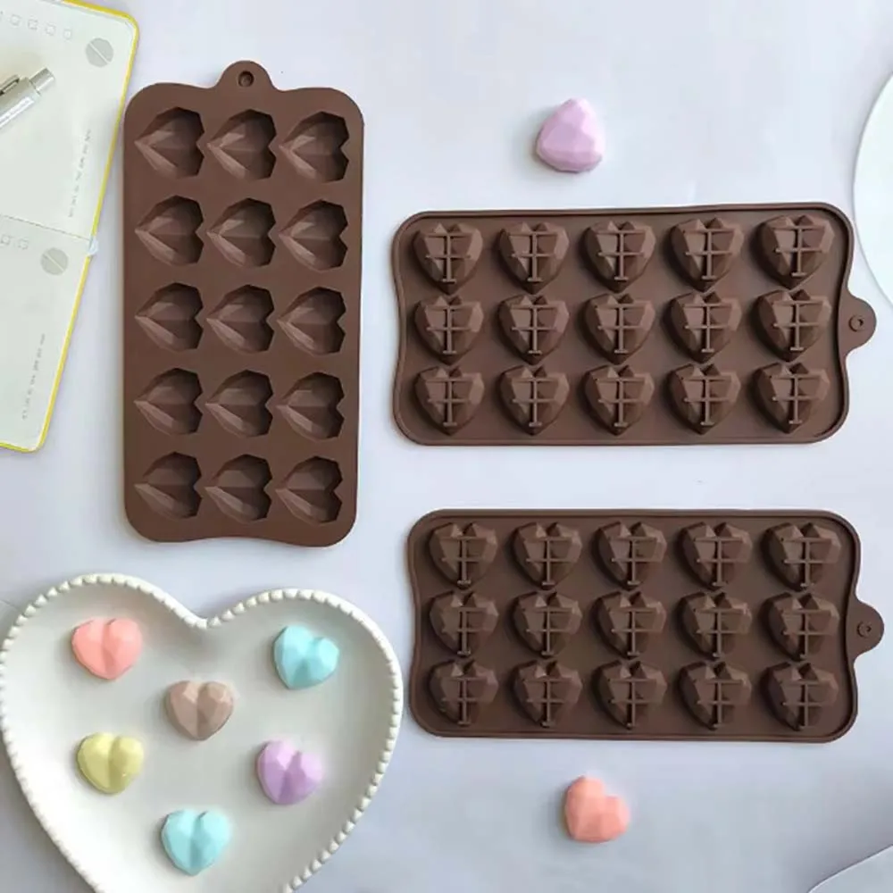 15 Cavity Diamond Heart Silicone Chocolate Mold 3D Heart Cake Accessories Molds DIY Ice Cubes Biscuit Pastry Baking Mould