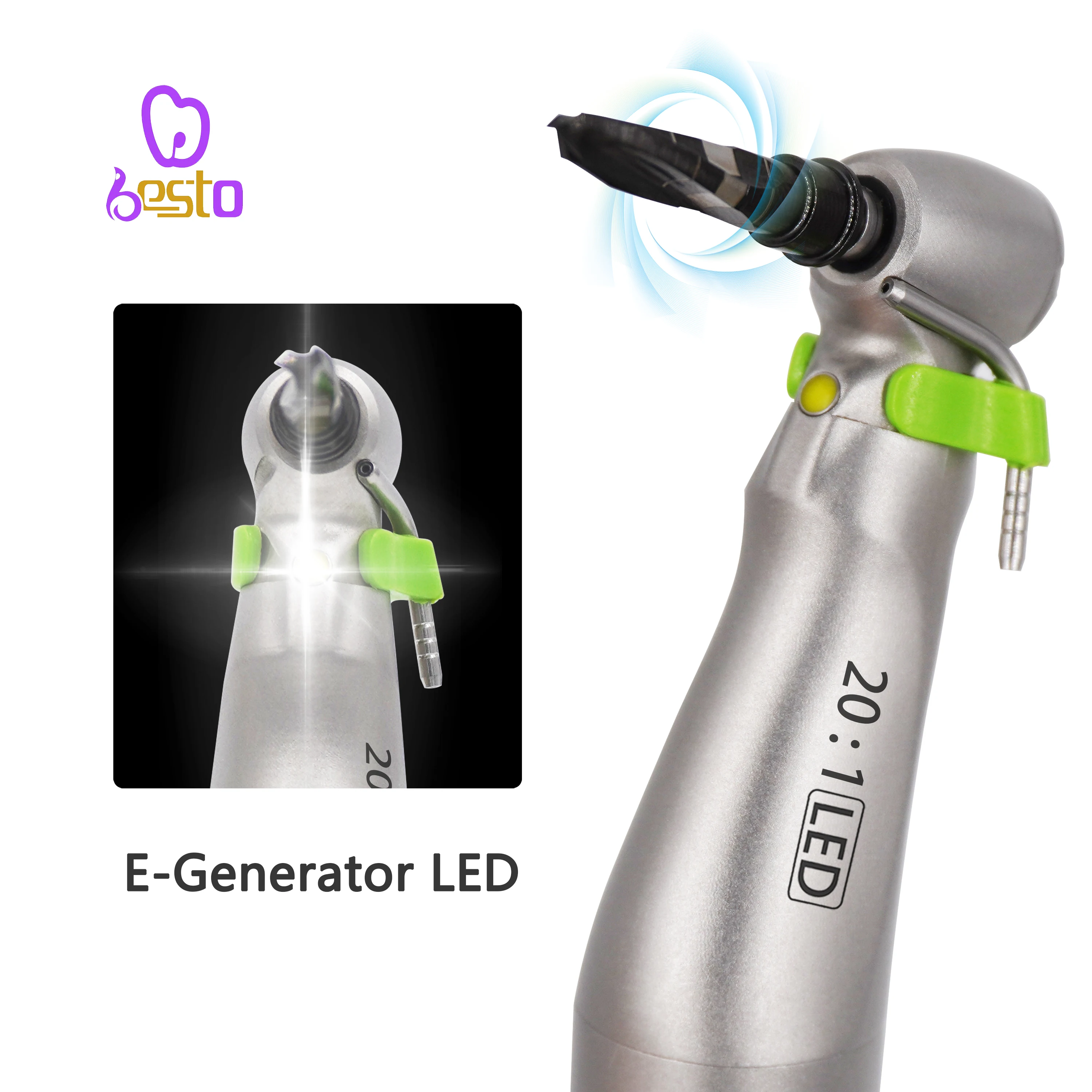 den tal 20:1Low Speed handpieces imp lant LED E-generator Contra Angle Push Button Turbine Stainless Steel Medical Materials