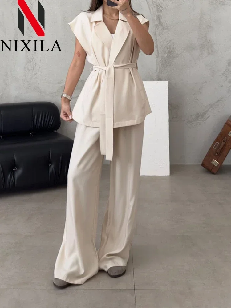 New Spring Summer Sleeveless Cardigan Long Pants Sets Fashion Casual Elegant Office 2 Piece Sets Womens Outfits Female Clothes