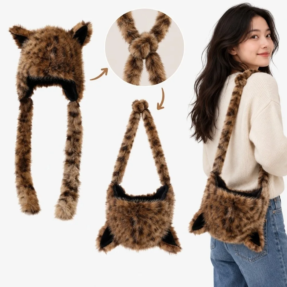 Long Braids Earflap Hat Thick Plush Soft Texture Faux Fur Cap Cozy Lining Leopard Pattern Leopard Print Beanie Women