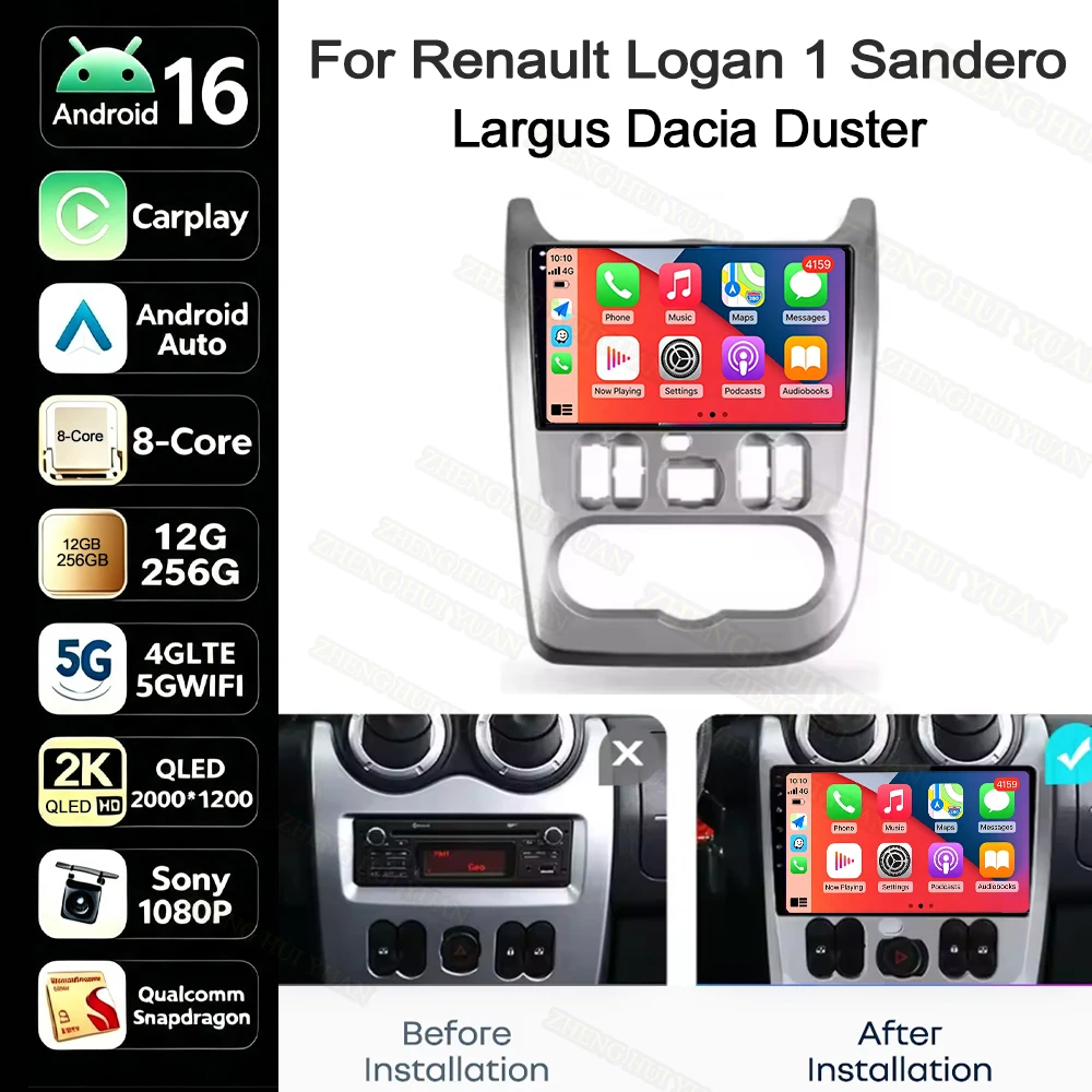 Android 16 For Renault Logan 1 Sandero 2009 2010 2011 2012 - 2015 Largus Dacia Duster Car Radio Multimedia Player Stereo Carplay