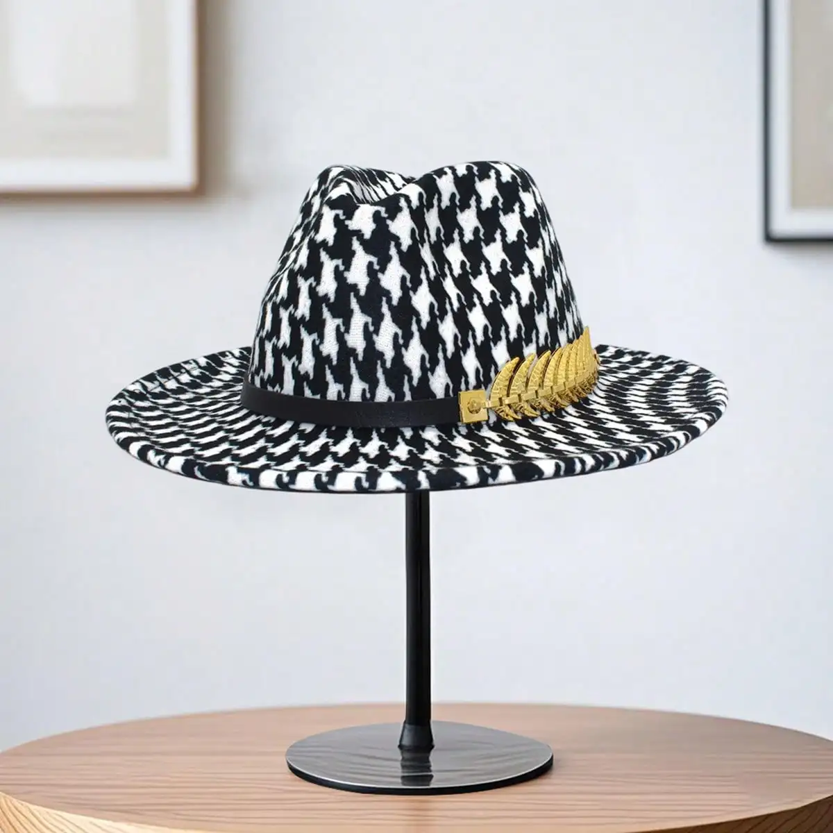 قبعة راعية البقر ذات وجهين للنساء والرجال بنمط houndstooth وحزام ذو حافة واسعة وقبعة غربية #5