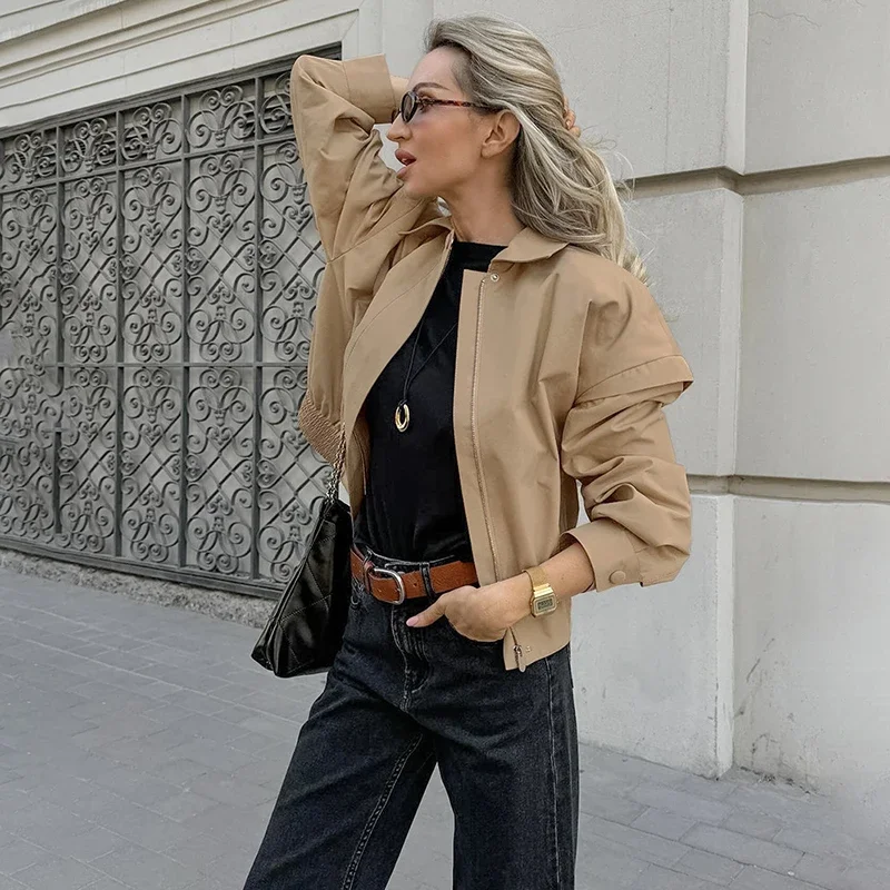 Khaki Short Windbreaker Women Flip Collar French Casual Workwear Coat Loose Pilot Jacket Autumn Fall New Fashion Female Clothing