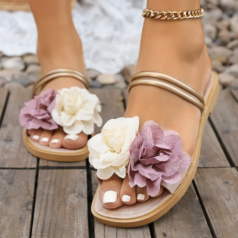 

Новые летние винтажные шлепанцы с круглой головкой и цветком, нескользящие сексуальные пляжные тапочки, модные легкие удобные женские туфли на плоской подошве