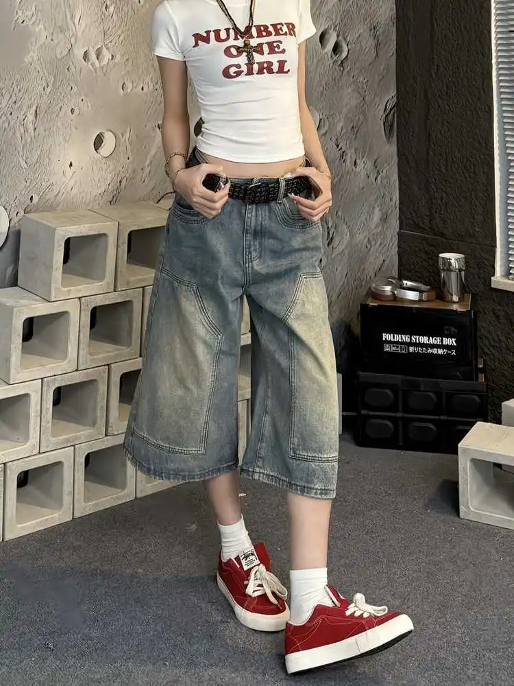 American Streetwear washed denim shorts women new summer style loose wide-leg slim-fitting straight-cut mid-thigh pants