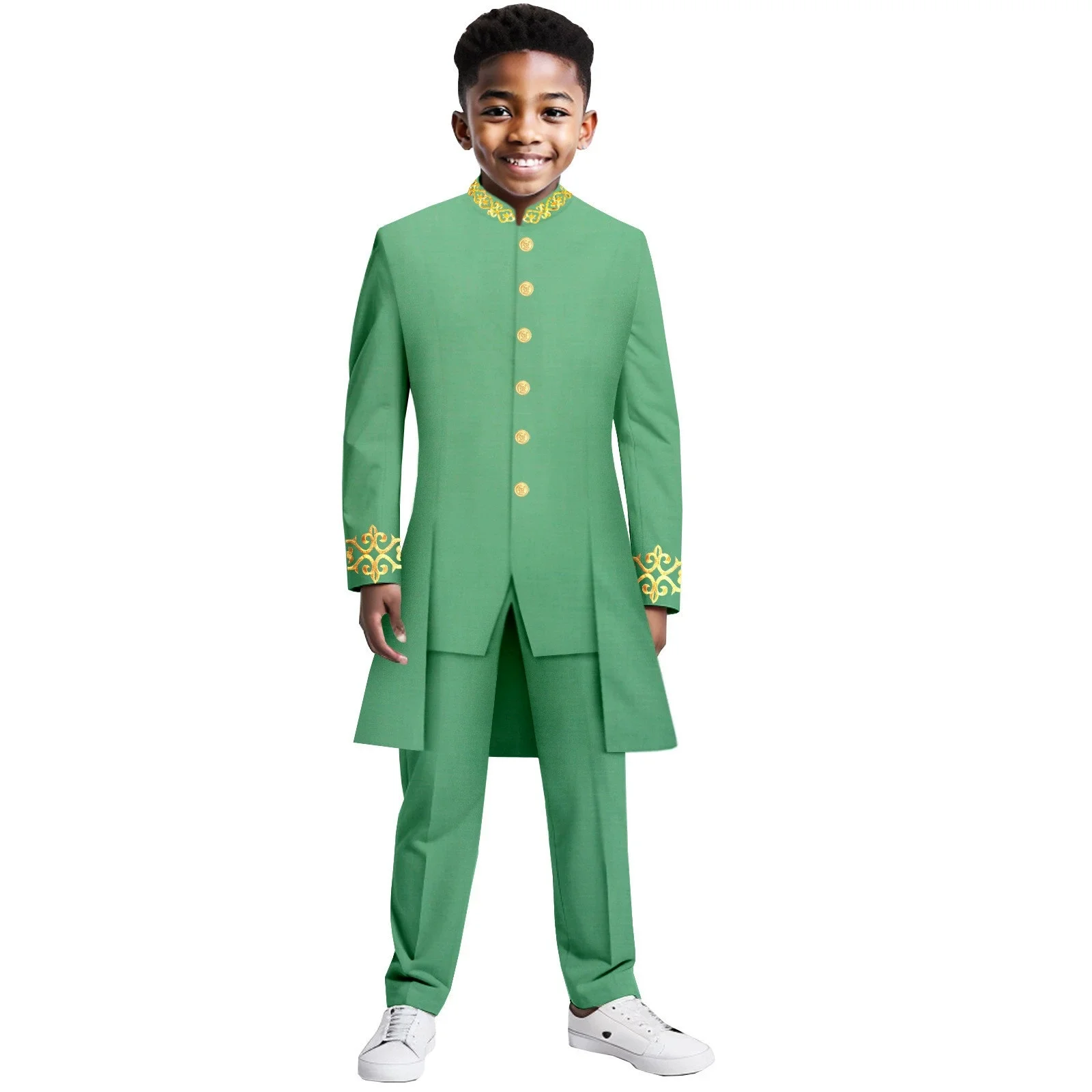 인도 스타일 소년 정장 턱시도 긴 정장 싱글 브레스트 자켓과 바지 세트 웨딩 패션 어린이 파티 드레스