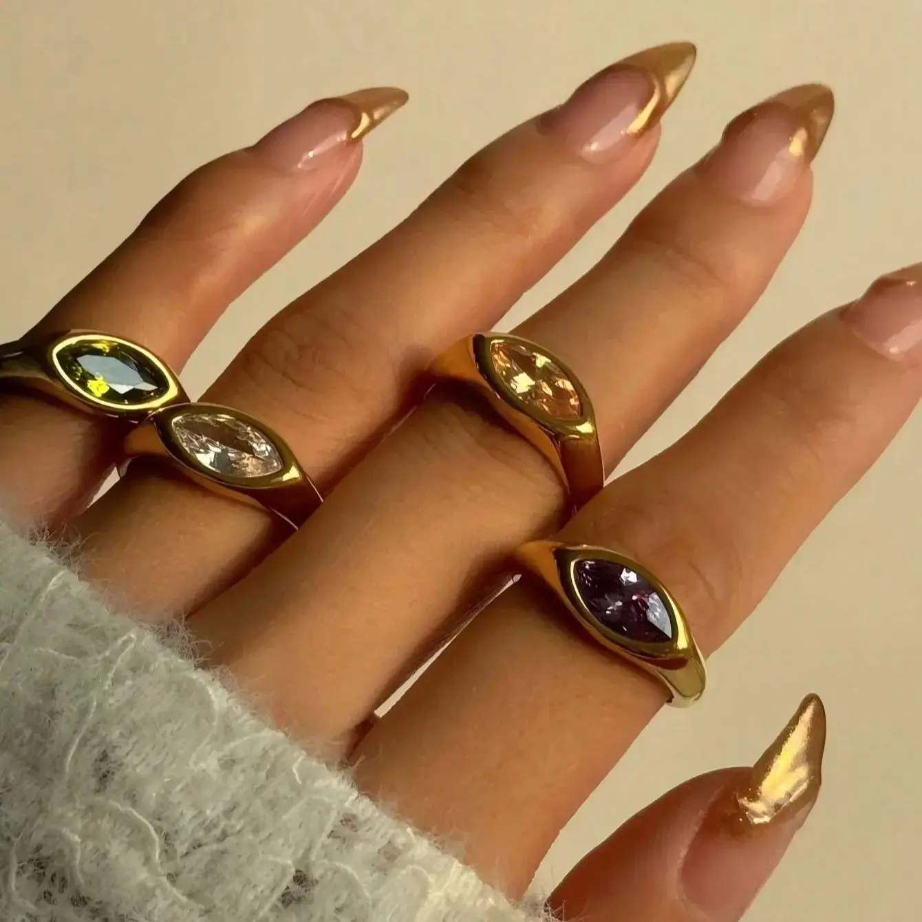 Anillo de piedras preciosas de oro de 18 quilates, anillo de sello, anillo de cristal solitario de oro, anillo llamativo, regalo para ella