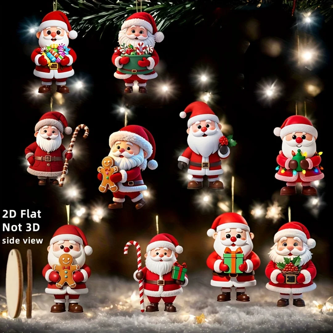 10 Uds. Diferentes adornos de madera de Papá Noel, decoración navideña, árbol de Navidad, colgantes 2D, decoración navideña de Navidad 2026