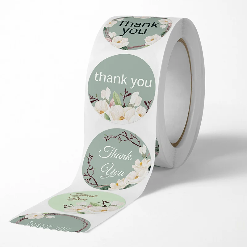 Business Thank You Stickers, 500 Pieces Roll; Small, Eye-catching, Flower Merci Labels for Packaging