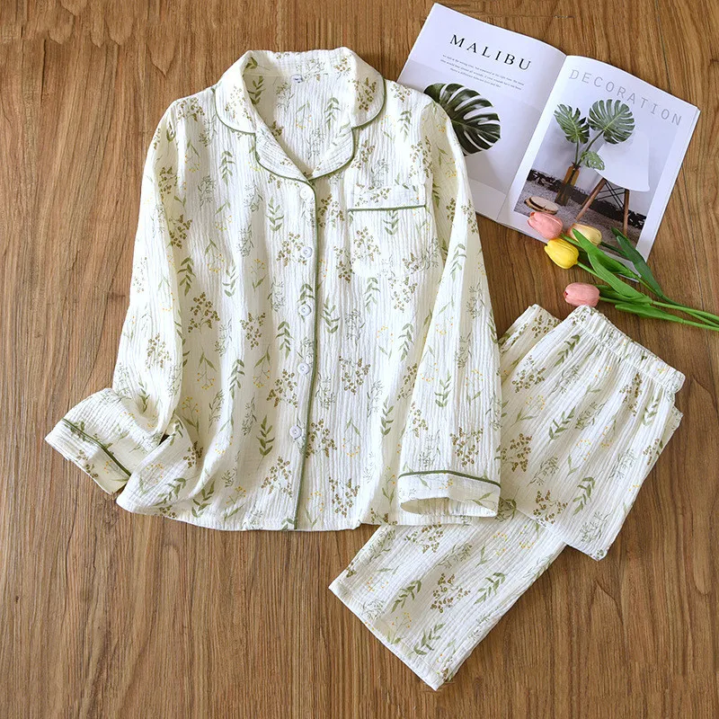 Conjunto de pijamas de manga comprida, 100% algodão, lapela estampada, roupa de dormir, roupa de casa, outono