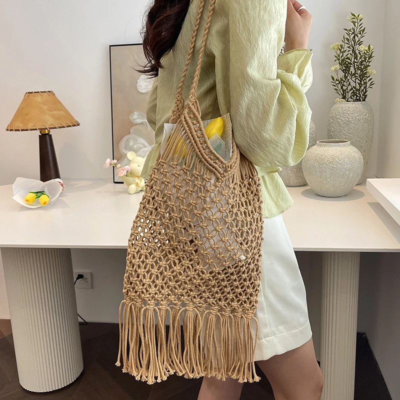 Fashion Large Capacity Cotton Rope Hand Woven Shoulder Bag Women's Tassel Crochet Hollow Out Design Underarm Bag Bolsos Feminine