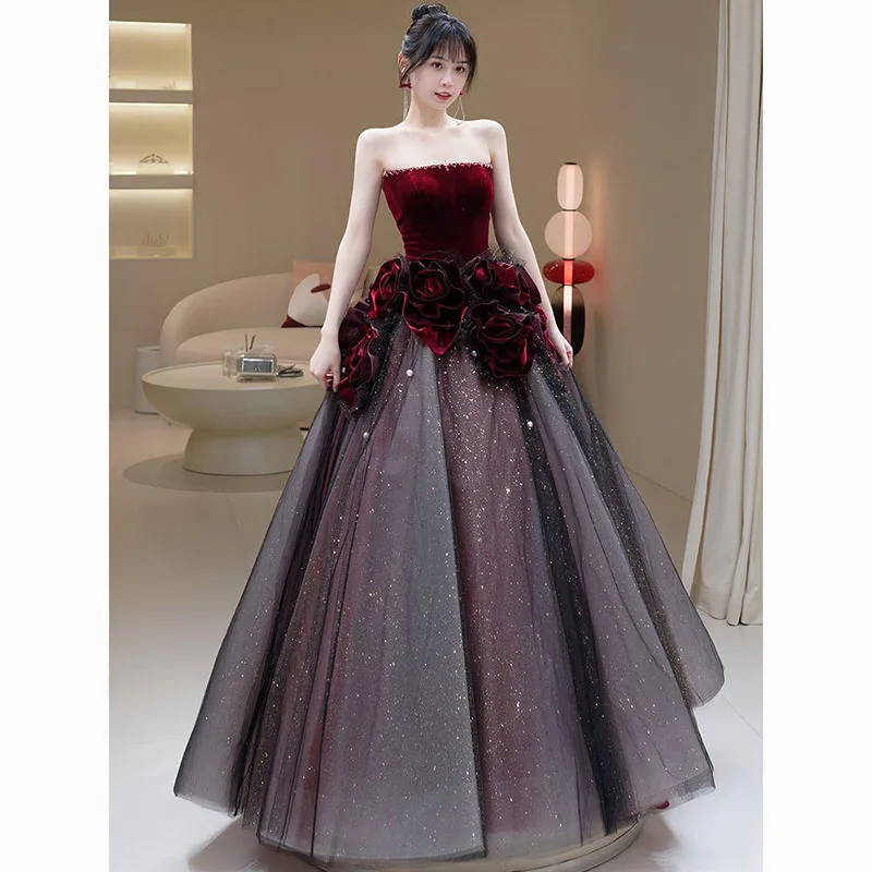 

Hepburn Style Evening Dress Velour Flower Shiny Tulle Strapless Gentle High-End Luxury Big Hemline Wedding Dressees Fashion Gown