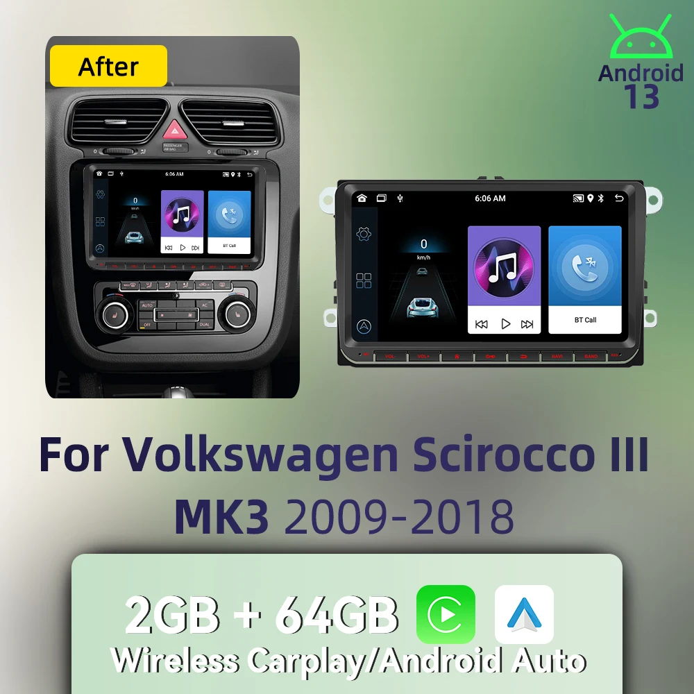 Wireless Carplay Android Car Multimedia 2Din Radio for VW Volkswagen Scirocco 3 III MK3 2009-2018 Head Unit GPS 9