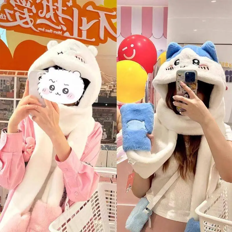 

MINISO Ins Chiikawa Anime Kawaii Ins Soft Hat Scarf Cute Cartoon Winter Fleece Winterproof Warm Cap Lovely Gifts for Kids