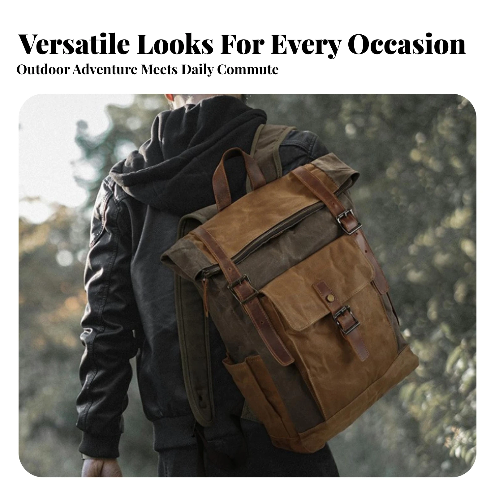 Canvas Backpack with Leather Trim Long-Lasting Roll-Top Backpack Rucksack Rugged Bag Comfortable for Travelers