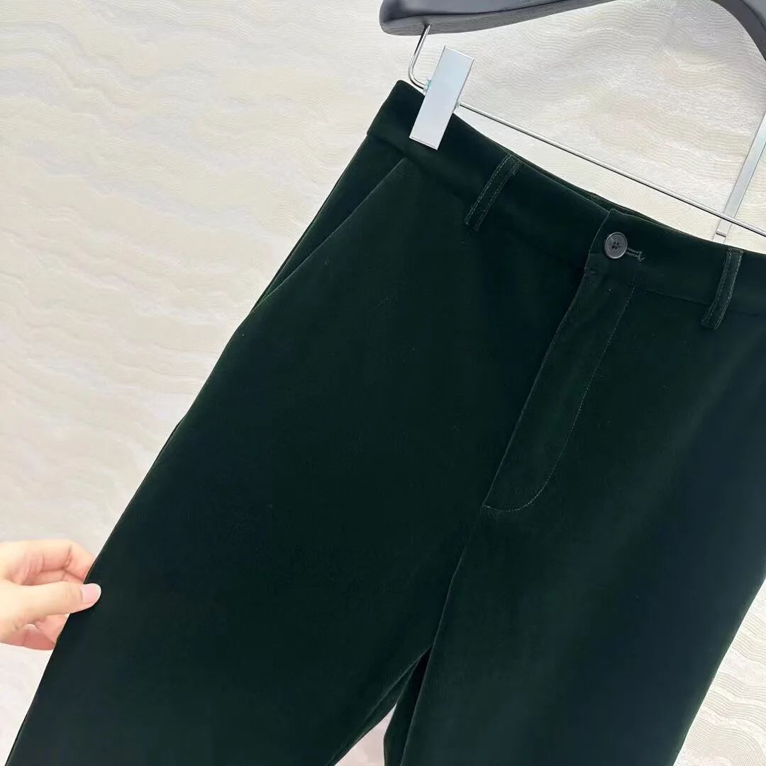 New Fashion Autumn Elegant Fashion Dark Green Velvet Retro Suit Pants Women High Waist Casual Straight Ankle Length Trousers
