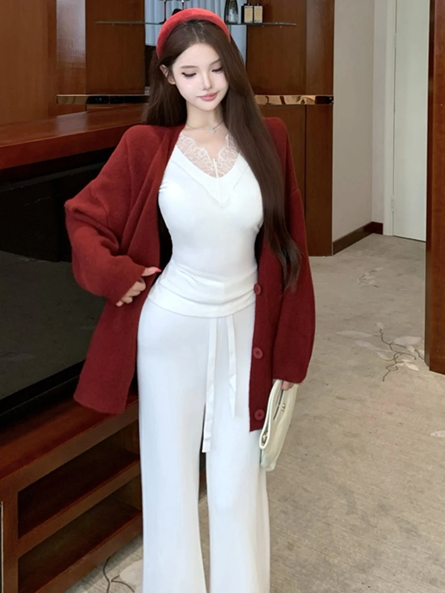 Sexy Lace Long Sleeve T-Shirt Loose Thickened Knitted Long Pants Set Women's Fashion Autumn Winter Wear Resistant V-neck Top