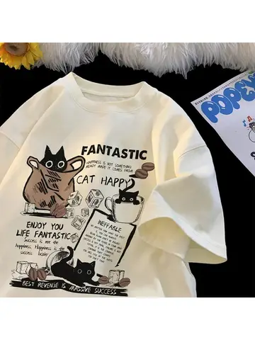 New Men Women T Shirt Pullover Oversize Korean version Cartoon Cat Group Printed T-Shirt Casual Short Sleeve Couples T-Shirt