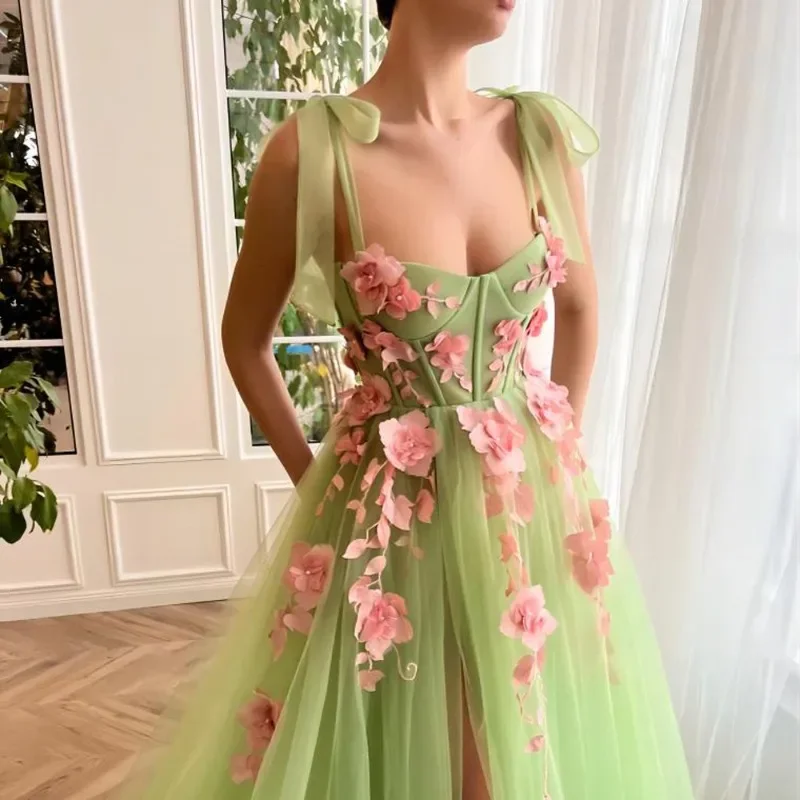 New Women's Luxury Camisole Strapless A-line Skirt, High-quality French Slit Green Three-dimensional Flower Dress 2026