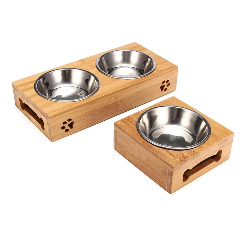 Stainless Steel Pet Feeder, Small Dog and Cat Bowls for Puppy, Bamboo Rack, Food, Water Bowl, Cats Feeding Dishes Pet Drink Bowl