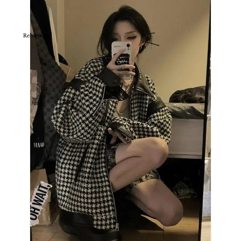 Woman Jacket 2022 Spring Autumn Houndstooth Jacket Loose Stitching Versatile Vintage Casual Coat Clothes