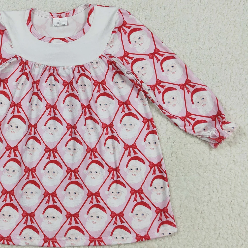 فستان للفتيات الصغيرات لعيد الميلاد منقوش بطول الركبة وردي بأكمام طويلة وتفاصيل فيونكة سانتا فستان عطلة للأطفال منقوش باللون الأحمر #5