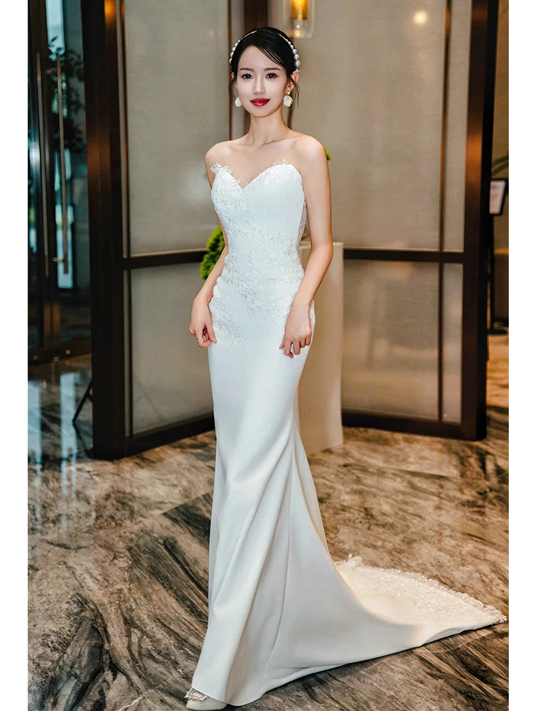 Strapless Wedding Dresses 2024 Elegant Satin Light Wedding Dress With Court Train Plus Size Wedding Party Dress For Women