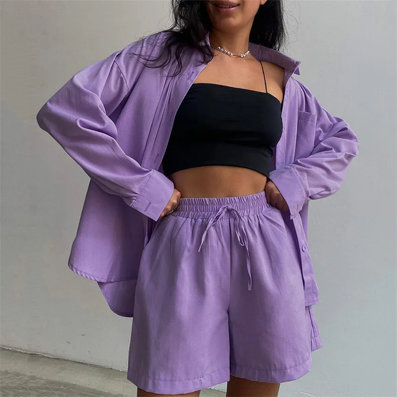 Two Pieces Set Summer Women Clothing Long Sleeve Turn Down Collar Button Long Shirts Loose Casual Office Lady Cotton Shorts Set