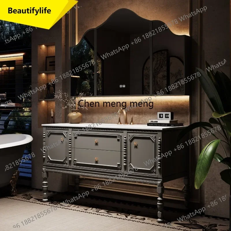 

6239 High-end French retro oak bathroom cabinet combination floor-to-ceiling hot bending integrated washing table Wash table